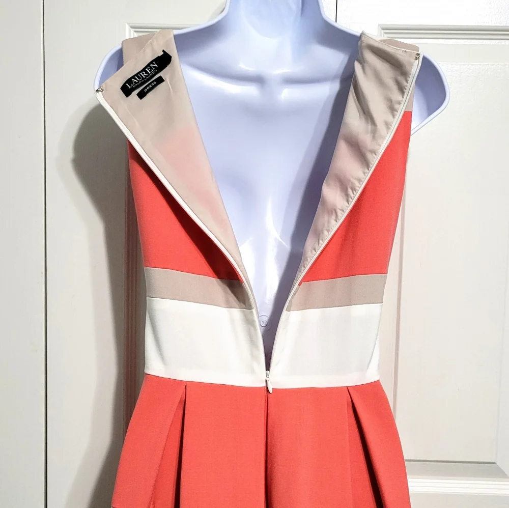 Lauren Ralph Lauren Pleated Fit Flair Dress Skater Striped Coral Cream White - Picture 6 of 7